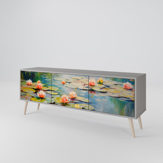 BLOOMING WATERS 3-Door TV Stand in Grey Finish