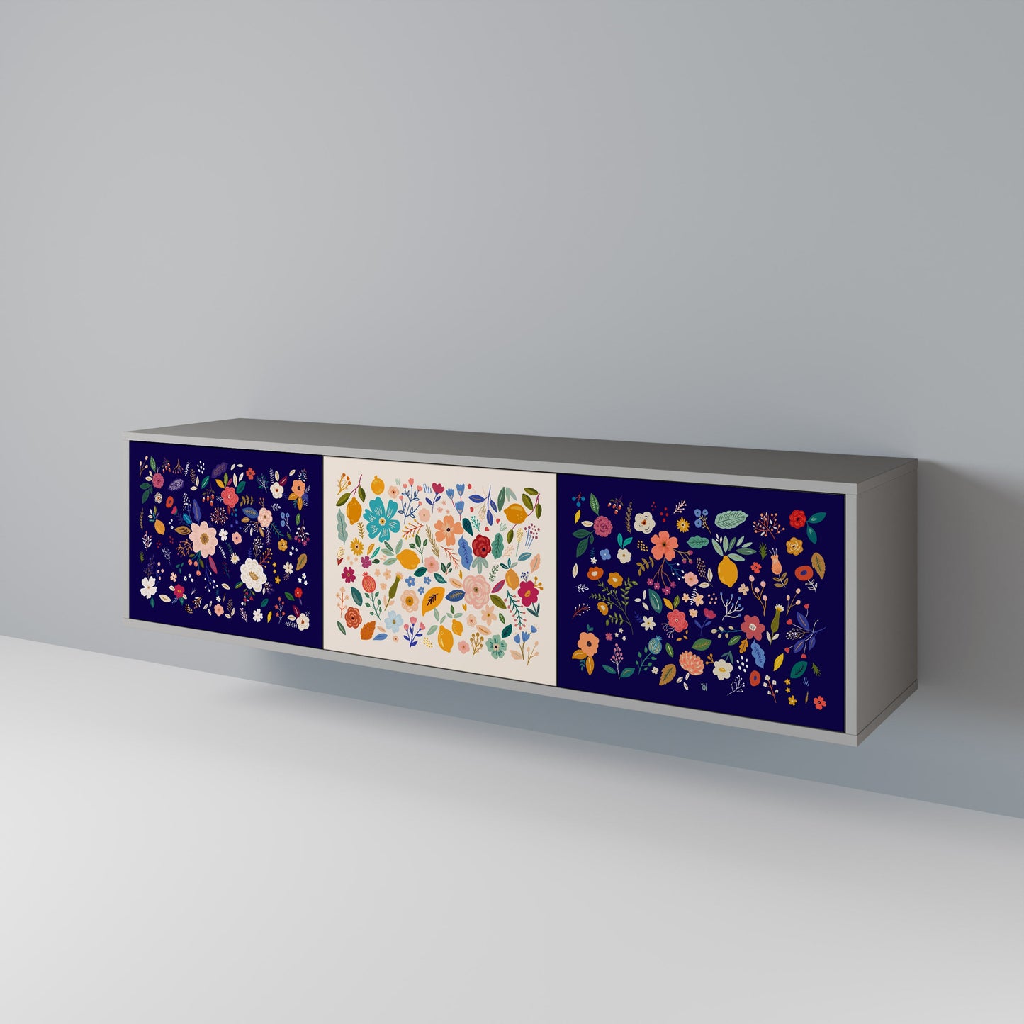 FLORAL COMBINATION 3-Door TV Stand in Grey Finish