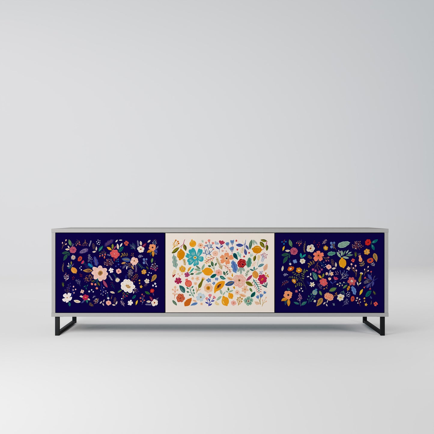 FLORAL COMBINATION 3-Door TV Stand in Grey Finish