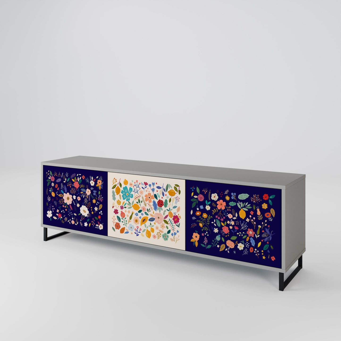 FLORAL COMBINATION 3-Door TV Stand in Grey Finish