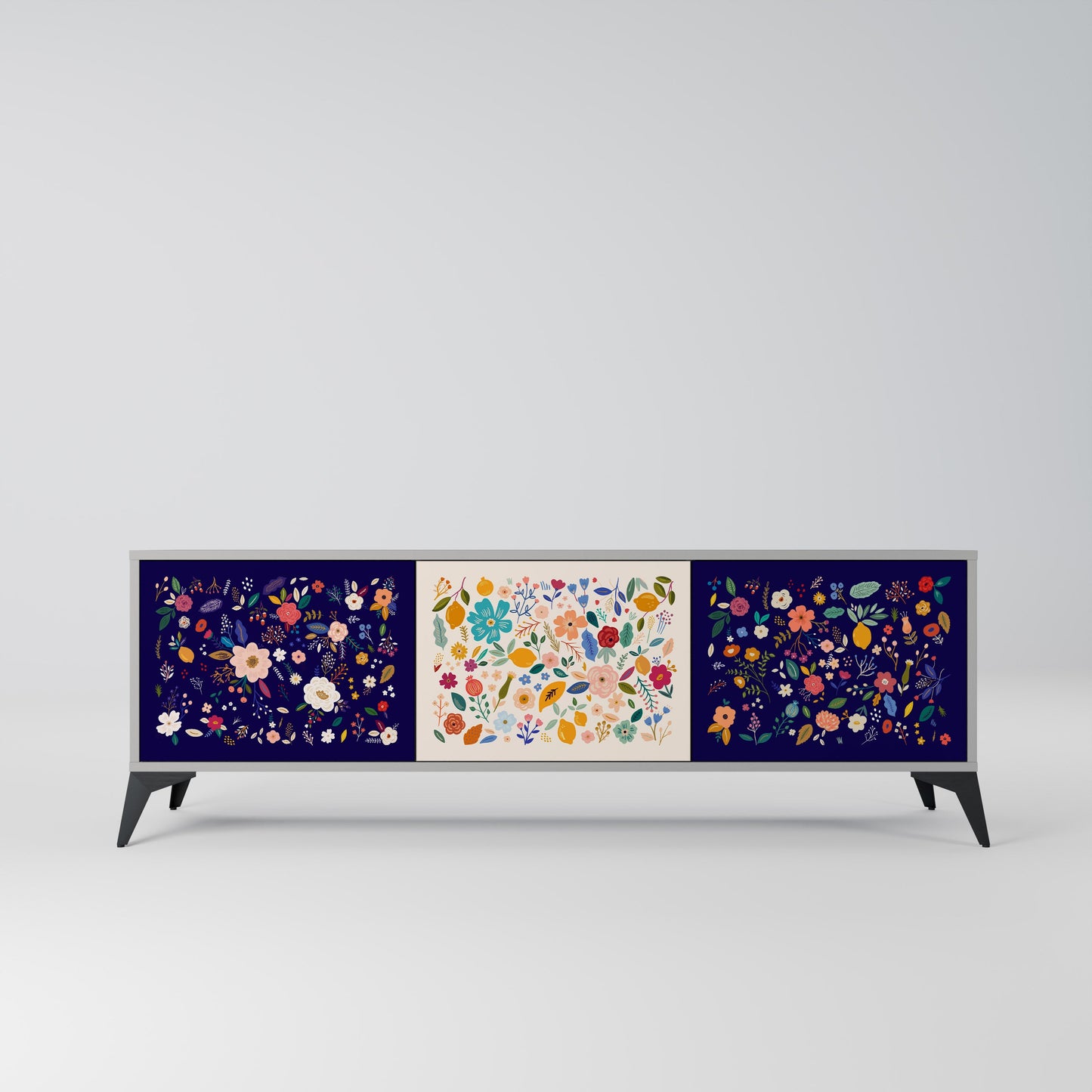 FLORAL COMBINATION 3-Door TV Stand in Grey Finish
