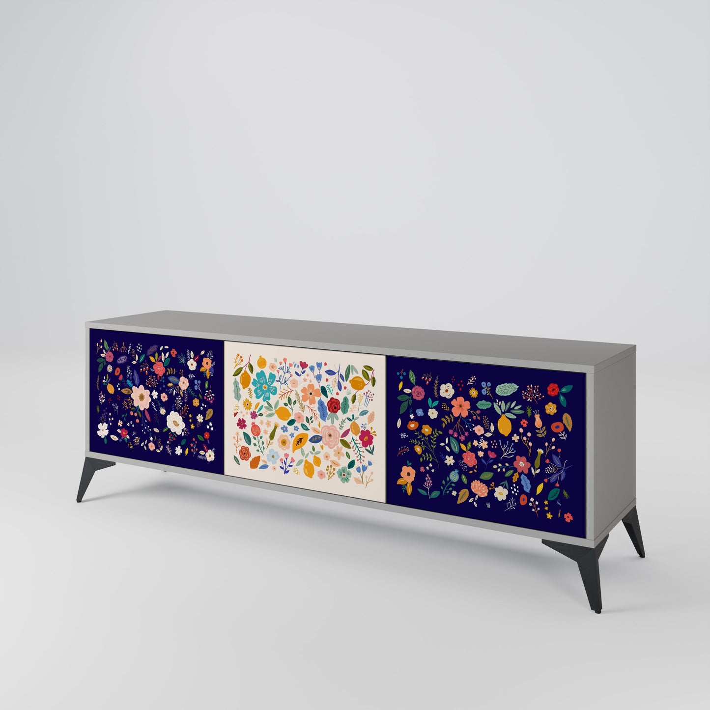 FLORAL COMBINATION 3-Door TV Stand in Grey Finish