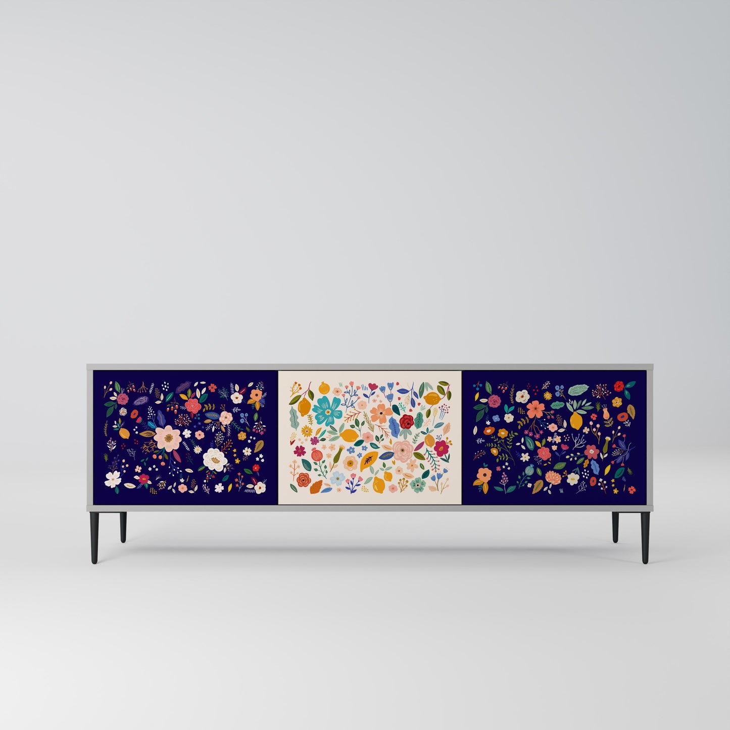FLORAL COMBINATION 3-Door TV Stand in Grey Finish