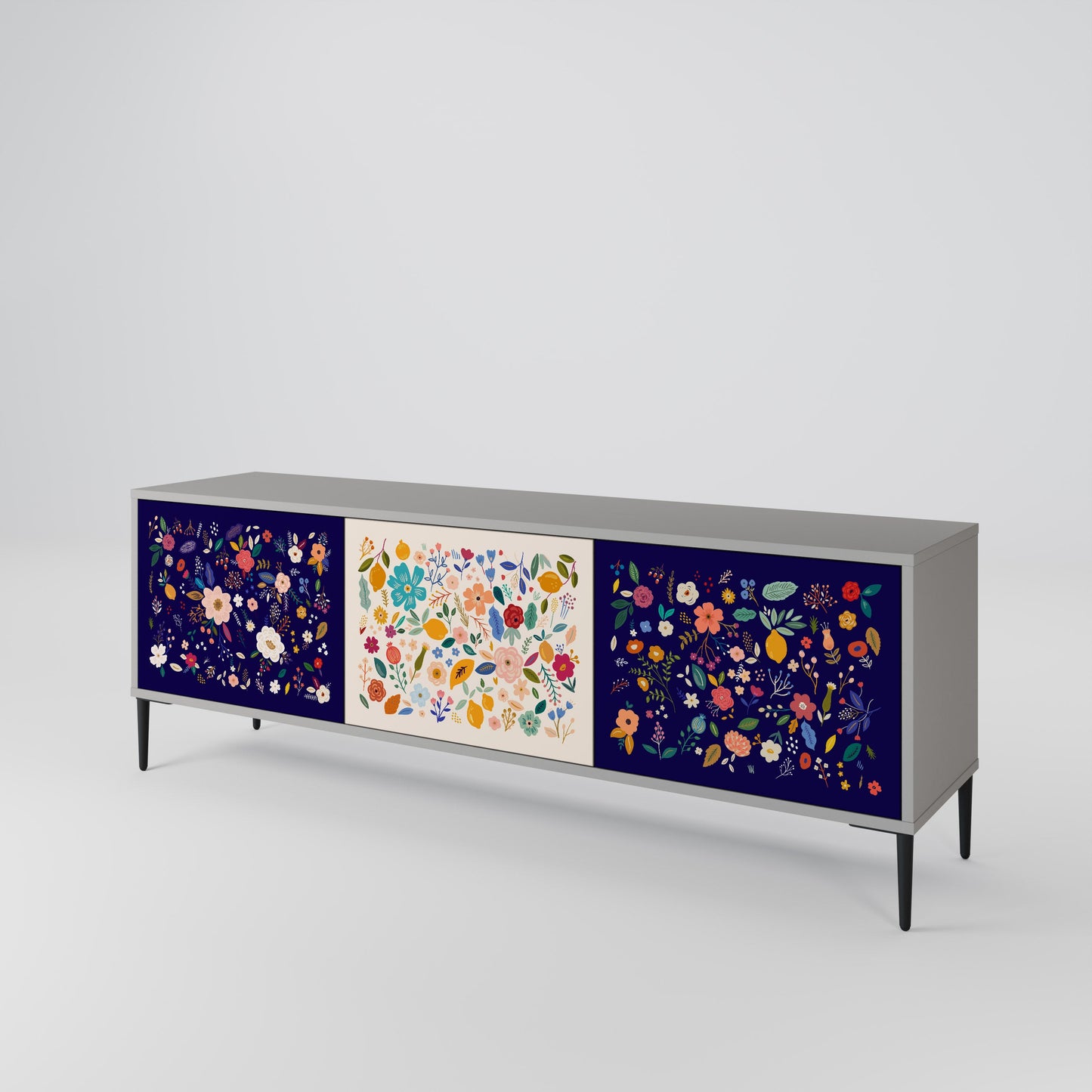 FLORAL COMBINATION 3-Door TV Stand in Grey Finish