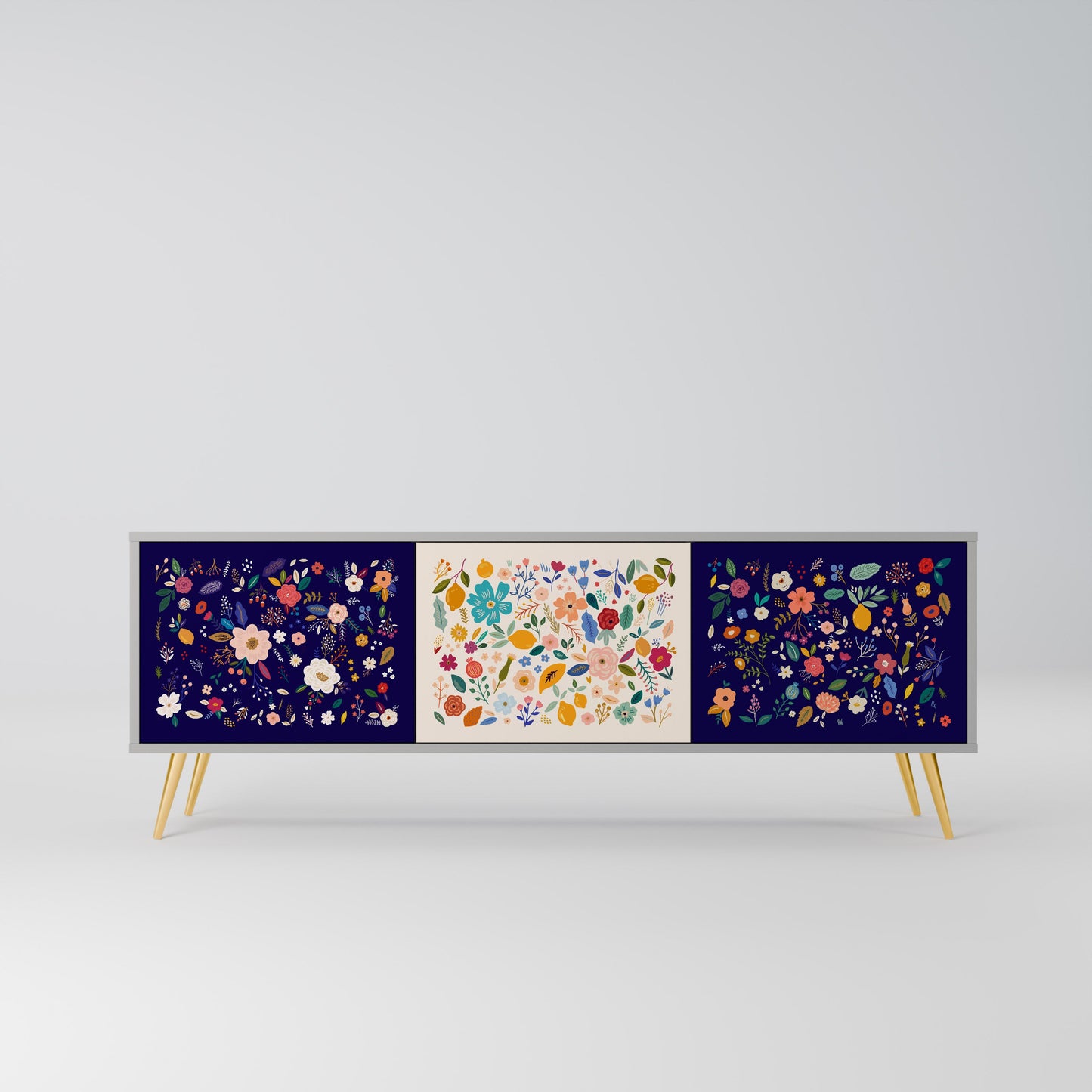 FLORAL COMBINATION 3-Door TV Stand in Grey Finish