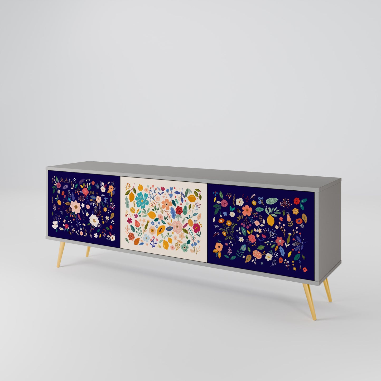 FLORAL COMBINATION 3-Door TV Stand in Grey Finish
