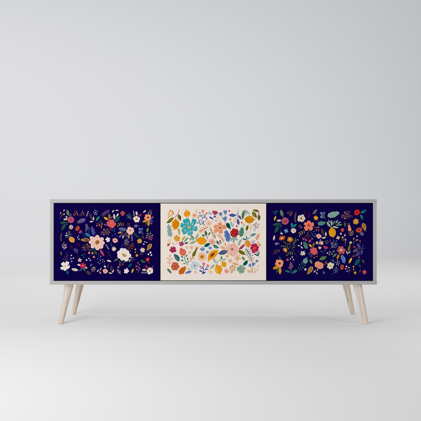 FLORAL COMBINATION 3-Door TV Stand in Grey Finish