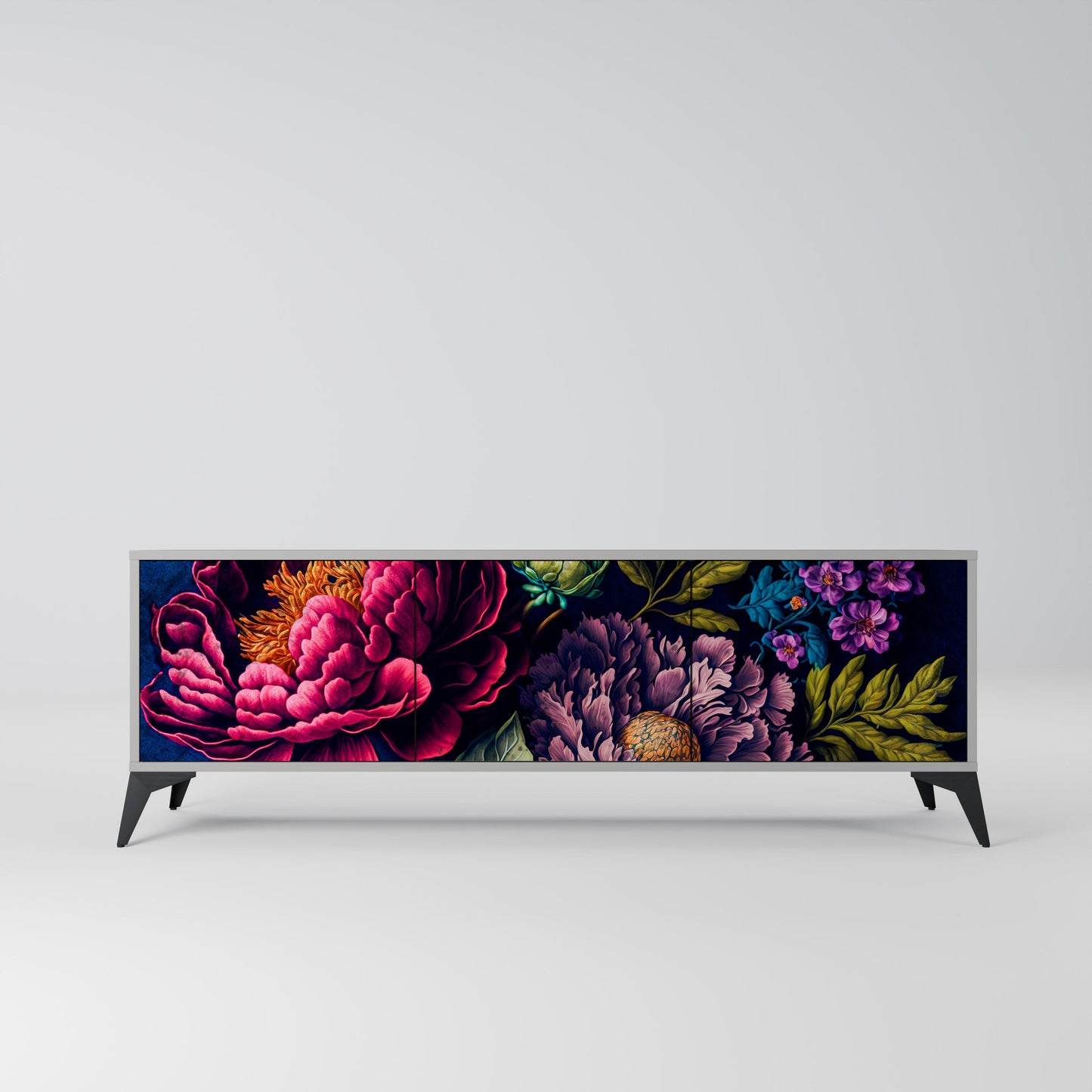 BLOOMING ELEGANCE 3-Door TV Stand in Grey Finish