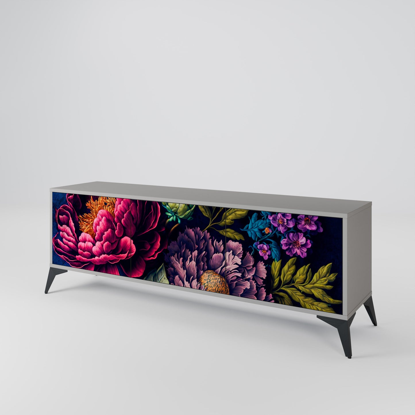 BLOOMING ELEGANCE 3-Door TV Stand in Grey Finish