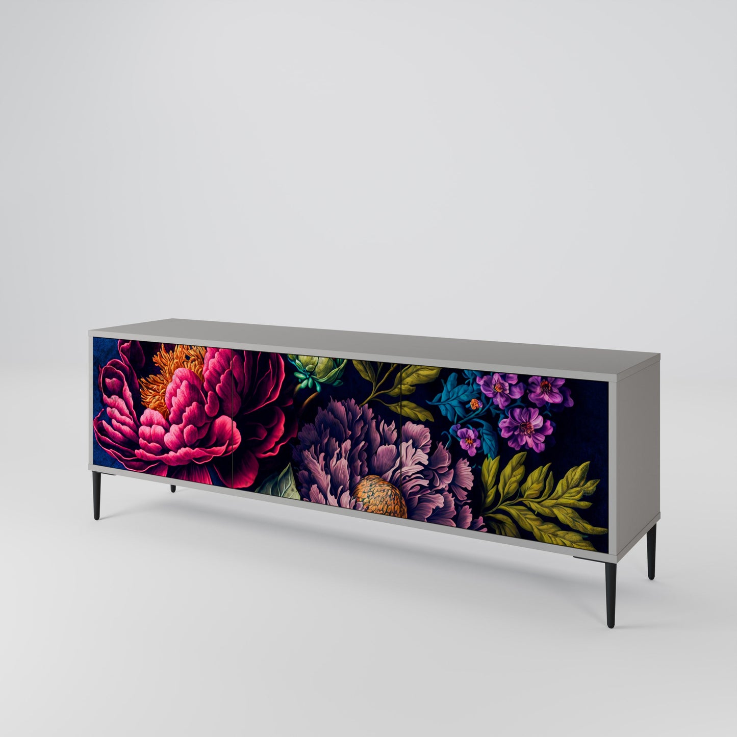 BLOOMING ELEGANCE 3-Door TV Stand in Grey Finish
