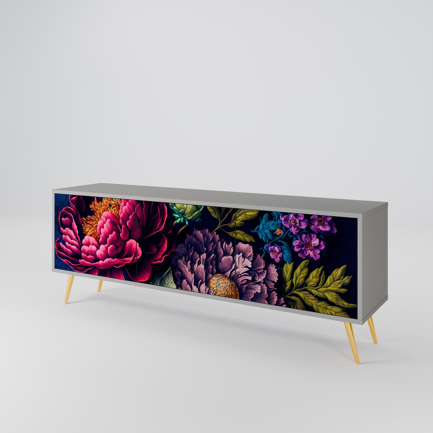 BLOOMING ELEGANCE 3-Door TV Stand in Grey Finish