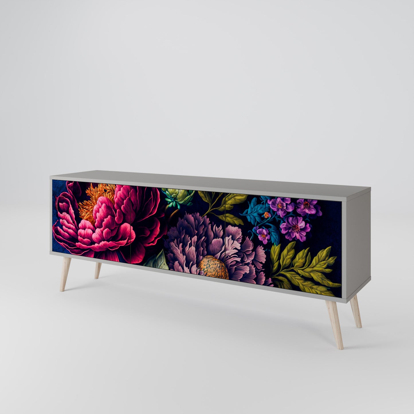 BLOOMING ELEGANCE 3-Door TV Stand in Grey Finish