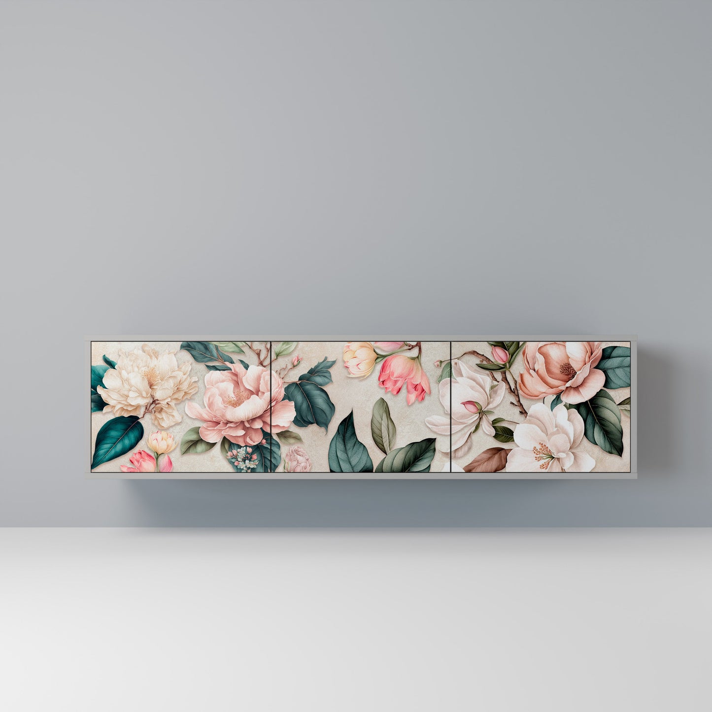 FLORAL GRACE 3-Door TV Stand in Grey Finish