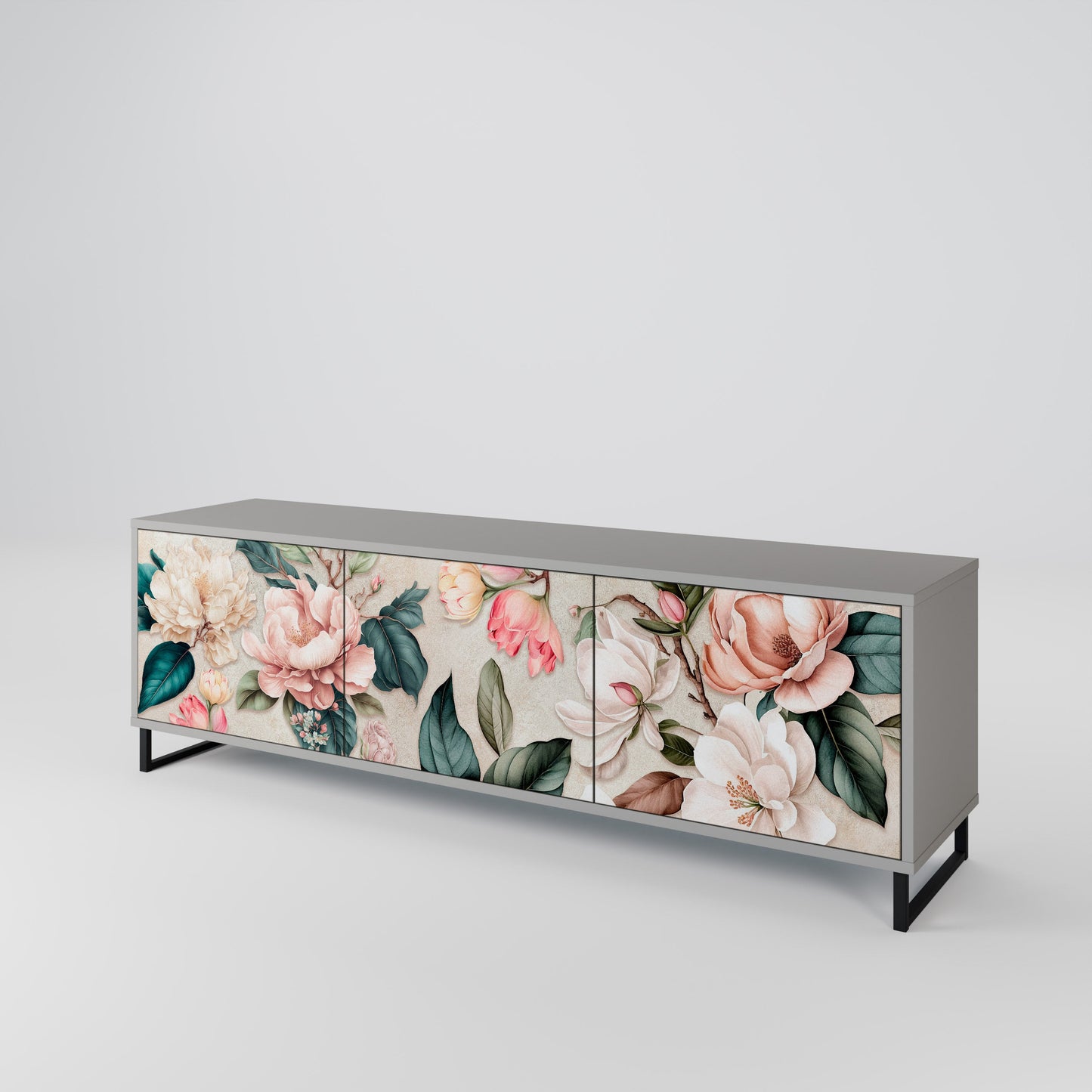 FLORAL GRACE 3-Door TV Stand in Grey Finish