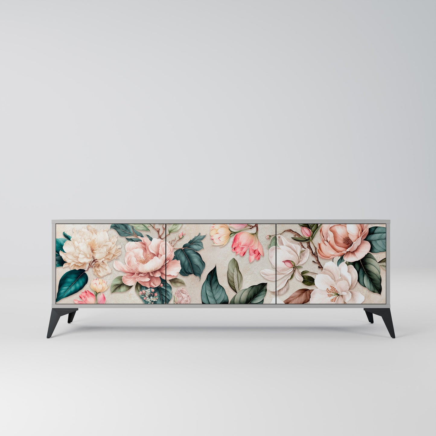 FLORAL GRACE 3-Door TV Stand in Grey Finish