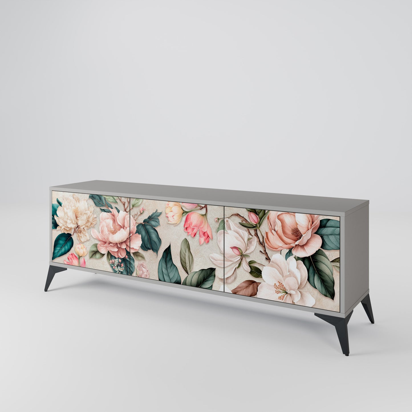 FLORAL GRACE 3-Door TV Stand in Grey Finish