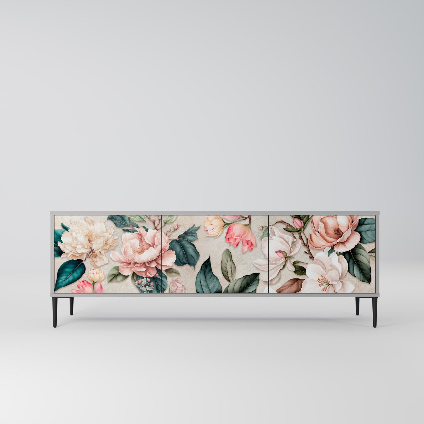 FLORAL GRACE 3-Door TV Stand in Grey Finish