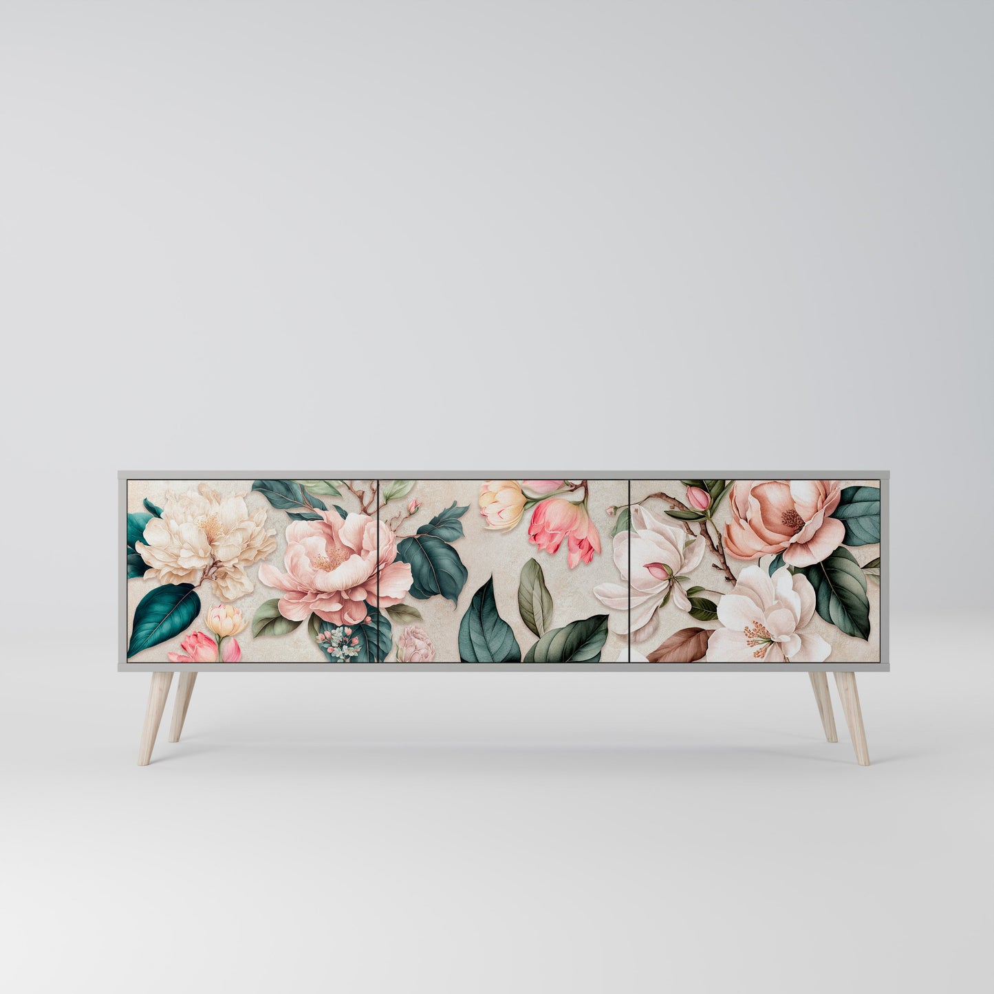 FLORAL GRACE 3-Door TV Stand in Grey Finish