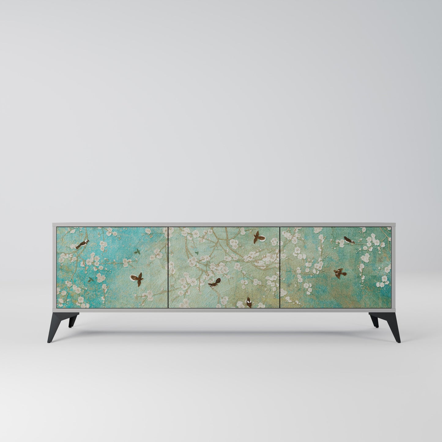 BLOOMING CHARM 3-Door TV Stand in Grey Finish