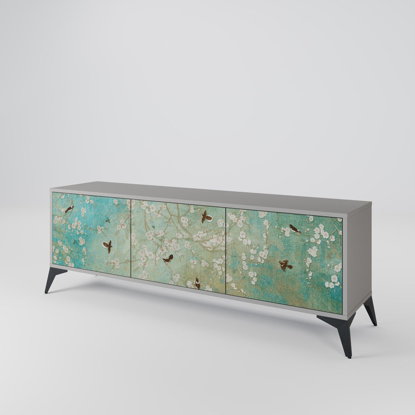 BLOOMING CHARM 3-Door TV Stand in Grey Finish