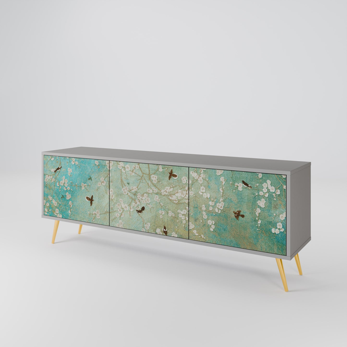 BLOOMING CHARM 3-Door TV Stand in Grey Finish