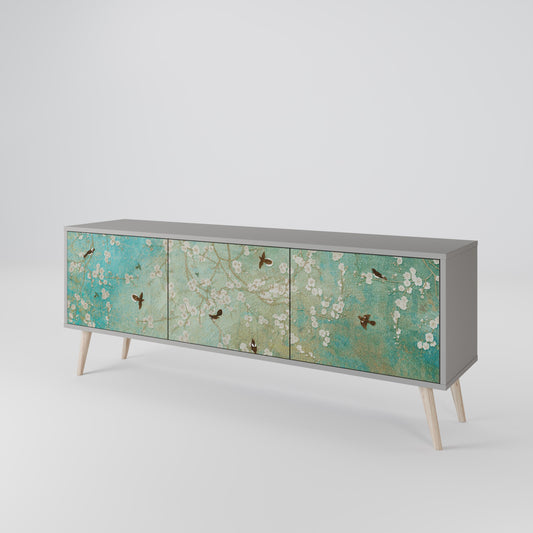 BLOOMING CHARM 3-Door TV Stand in Grey Finish