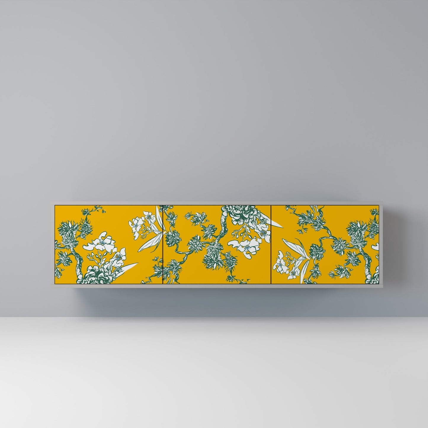 YELLOW CHINOISERIE 3-Door TV Stand in Grey Finish