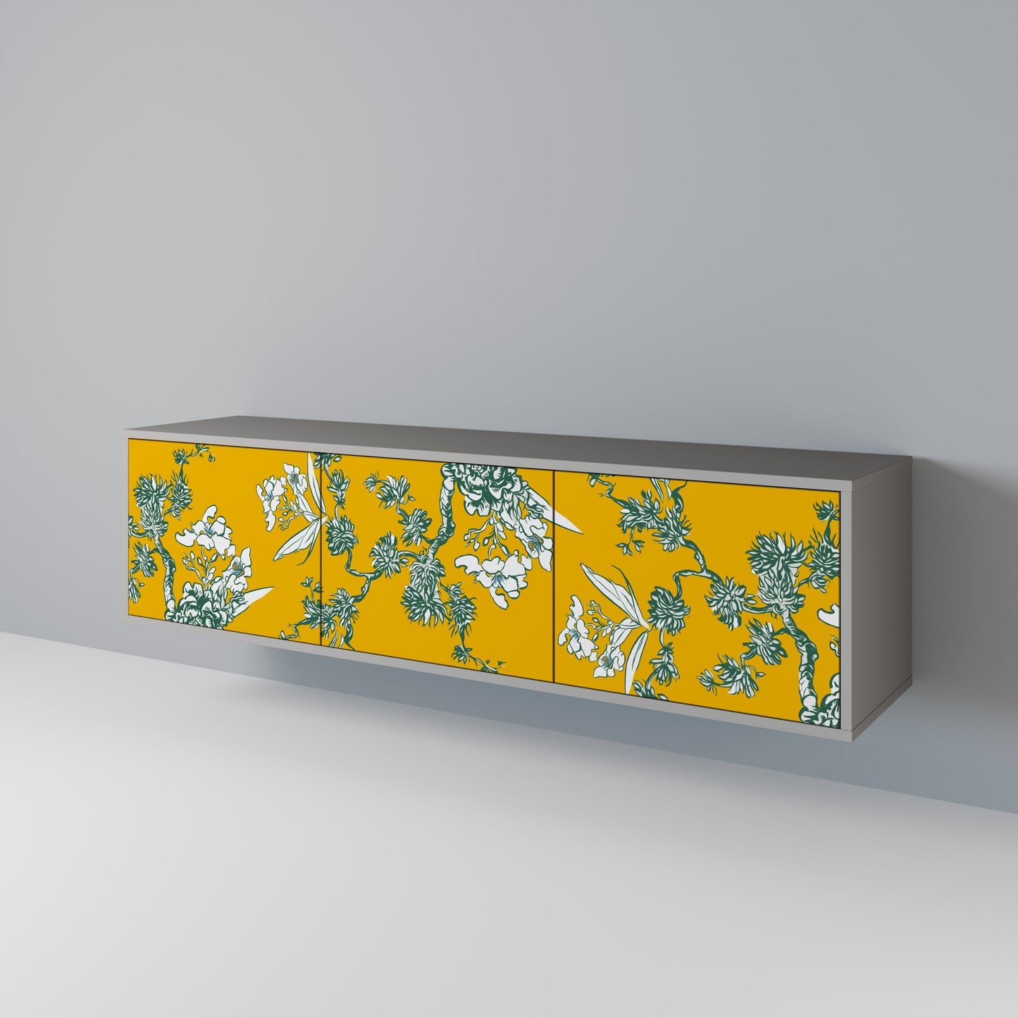 YELLOW CHINOISERIE 3-Door TV Stand in Grey Finish