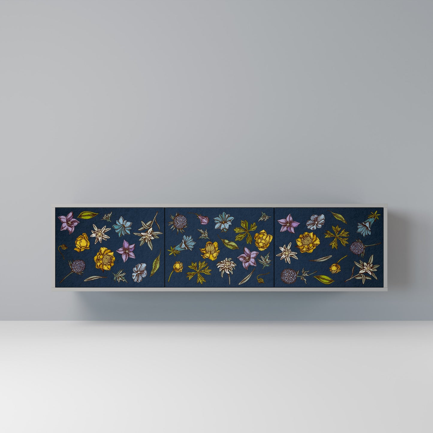 FLOWERS ON NAVY BLUE 3-Door TV Stand in Grey Finish