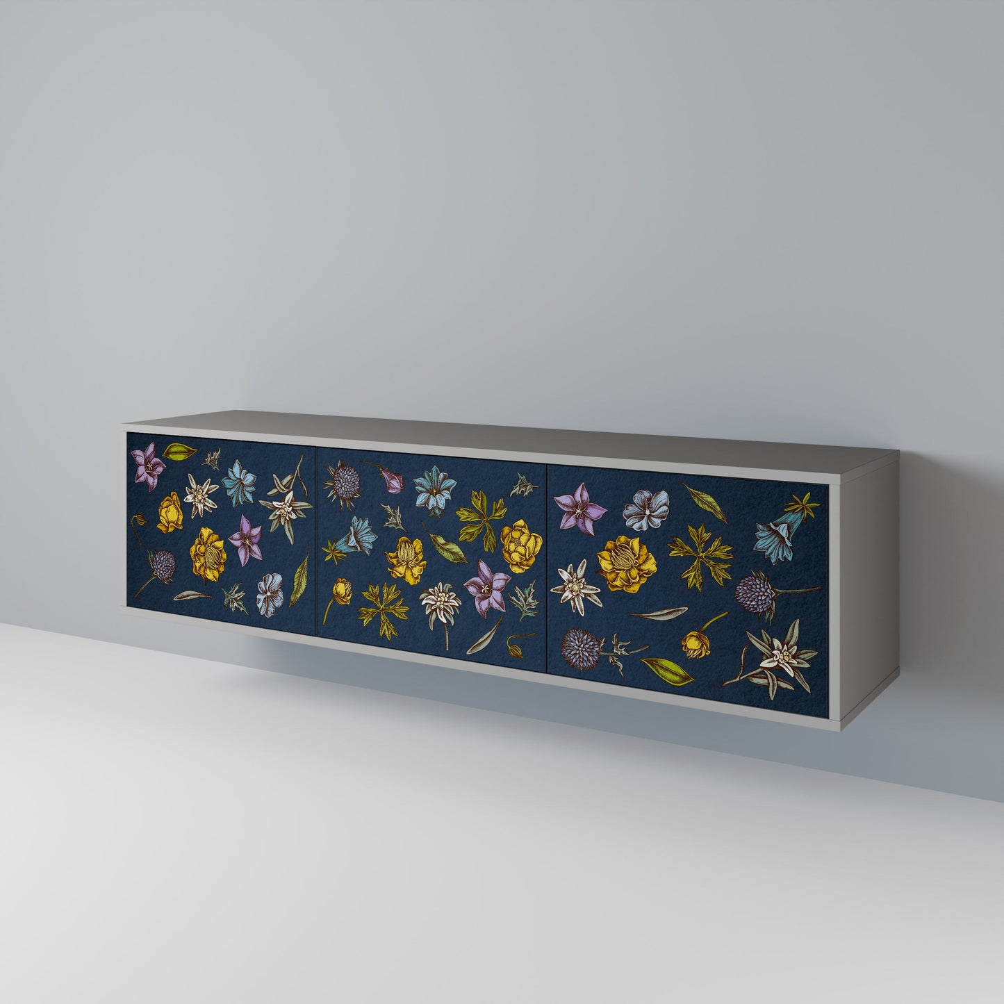 FLOWERS ON NAVY BLUE 3-Door TV Stand in Grey Finish
