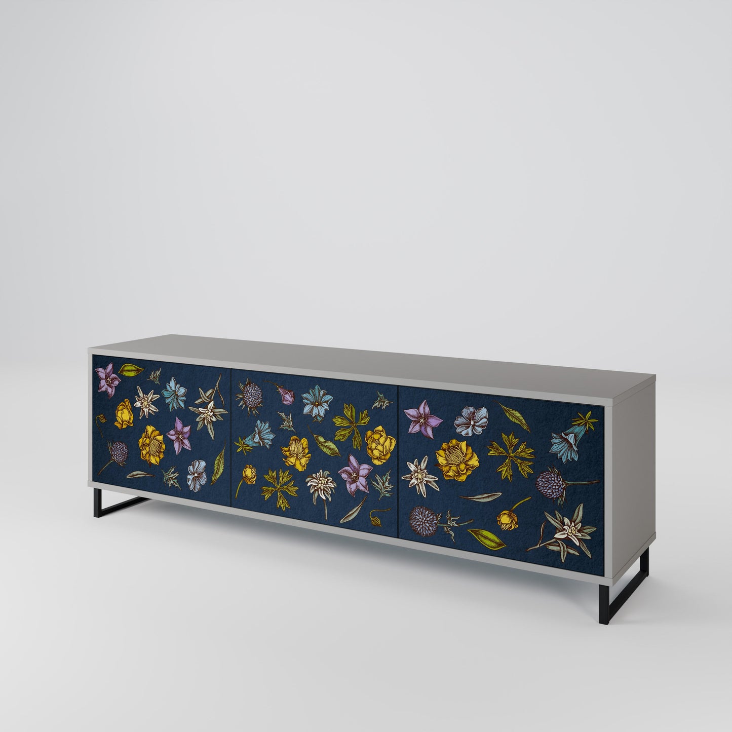 FLOWERS ON NAVY BLUE 3-Door TV Stand in Grey Finish