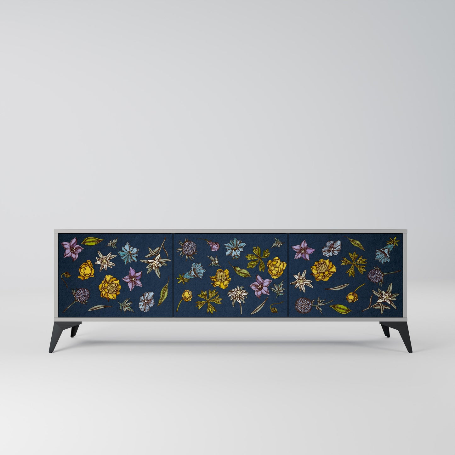 FLOWERS ON NAVY BLUE 3-Door TV Stand in Grey Finish