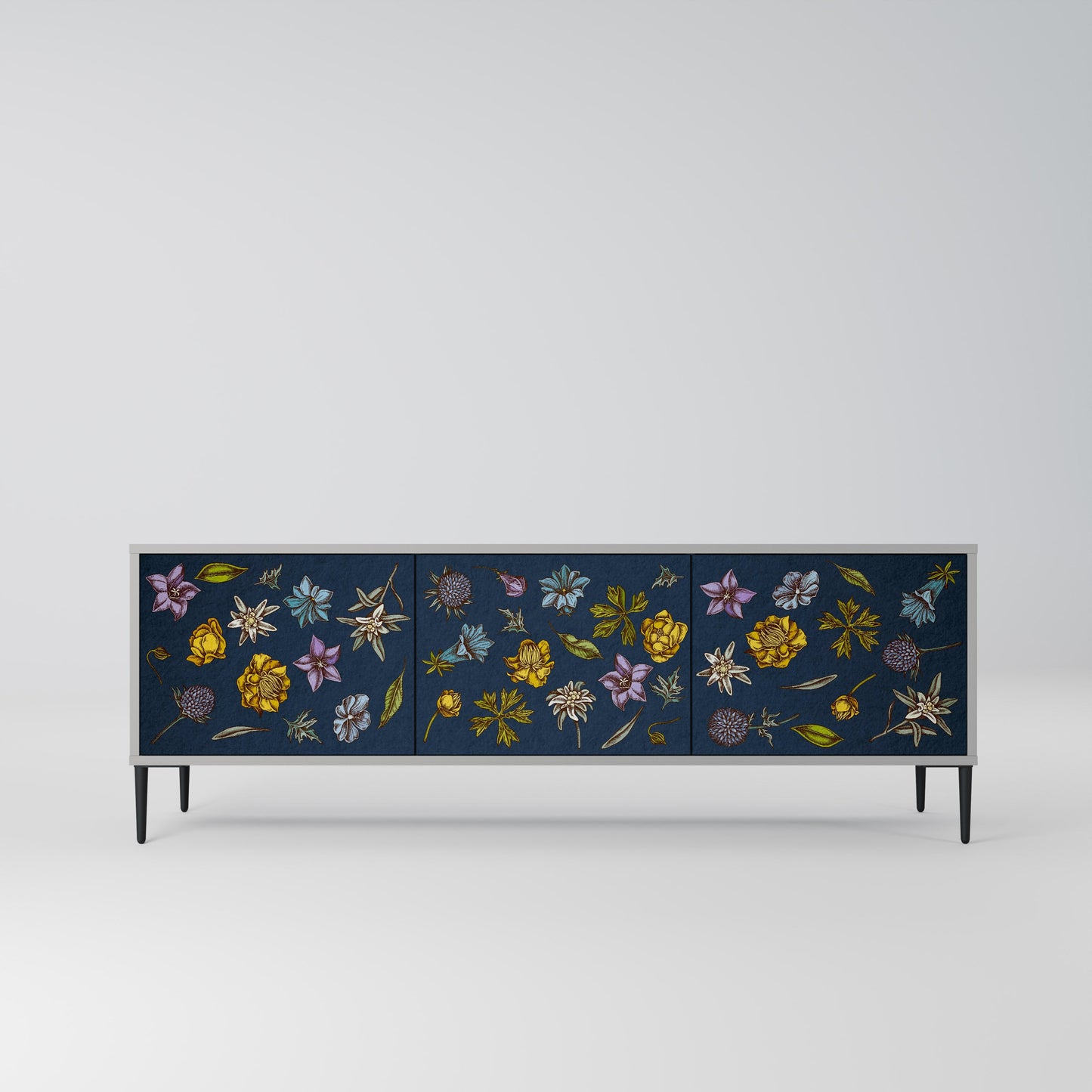 FLOWERS ON NAVY BLUE 3-Door TV Stand in Grey Finish