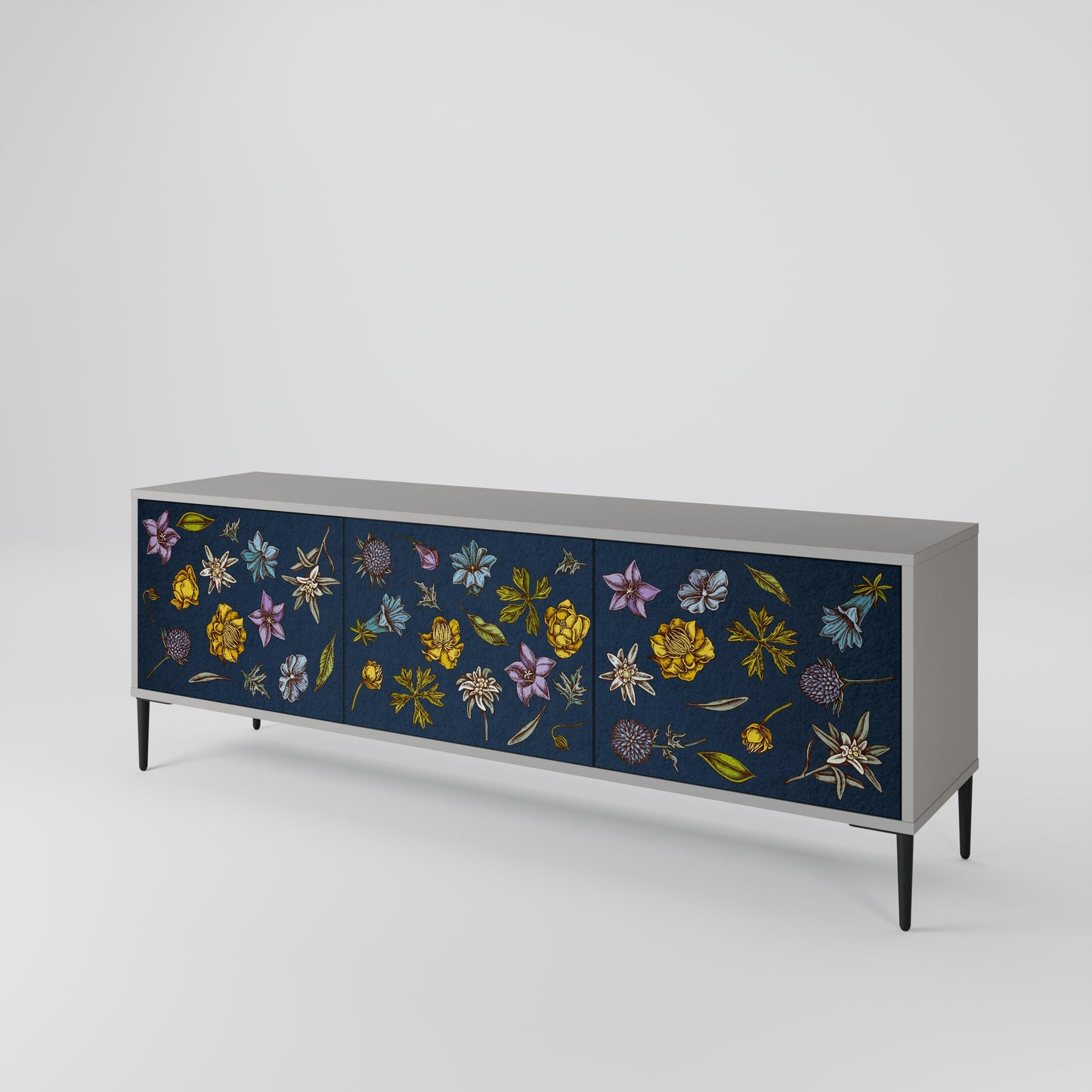 FLOWERS ON NAVY BLUE 3-Door TV Stand in Grey Finish