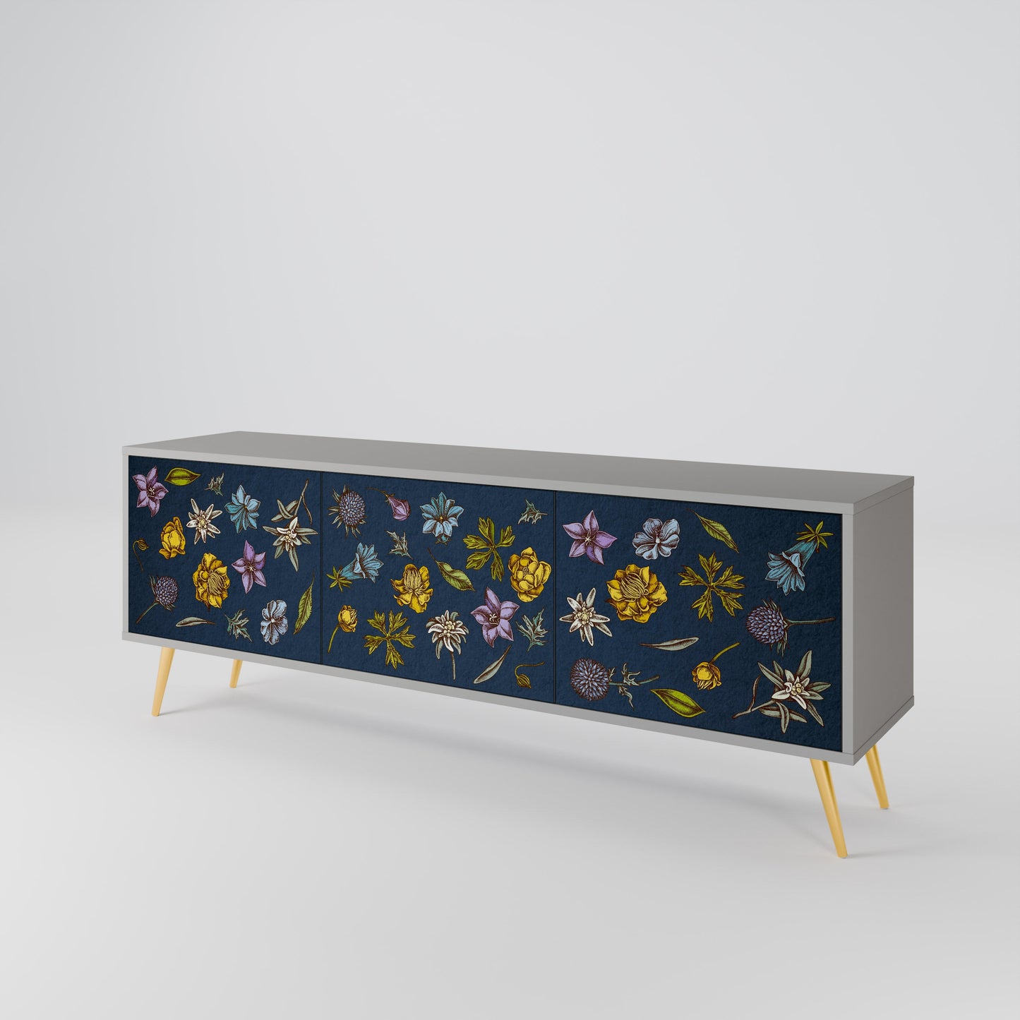 FLOWERS ON NAVY BLUE 3-Door TV Stand in Grey Finish