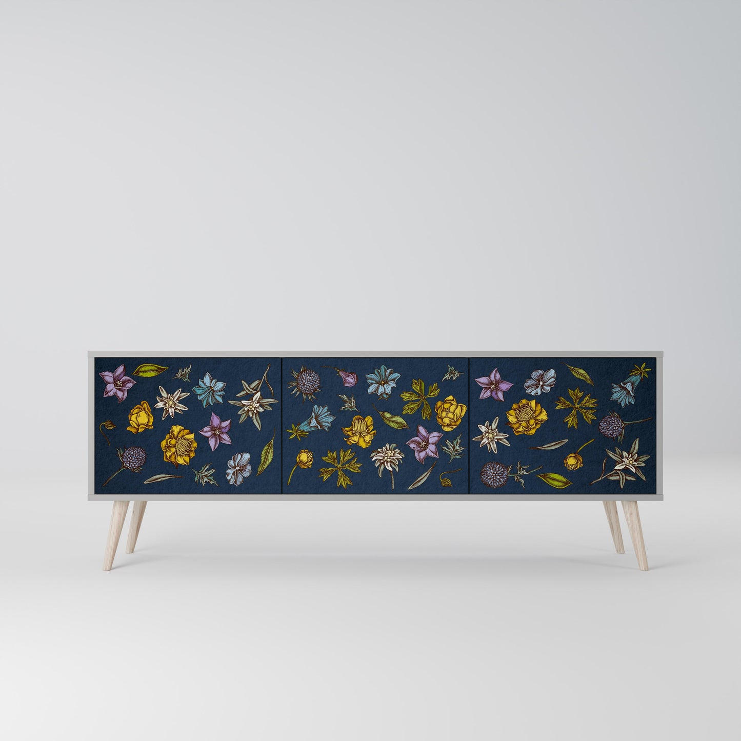 FLOWERS ON NAVY BLUE 3-Door TV Stand in Grey Finish