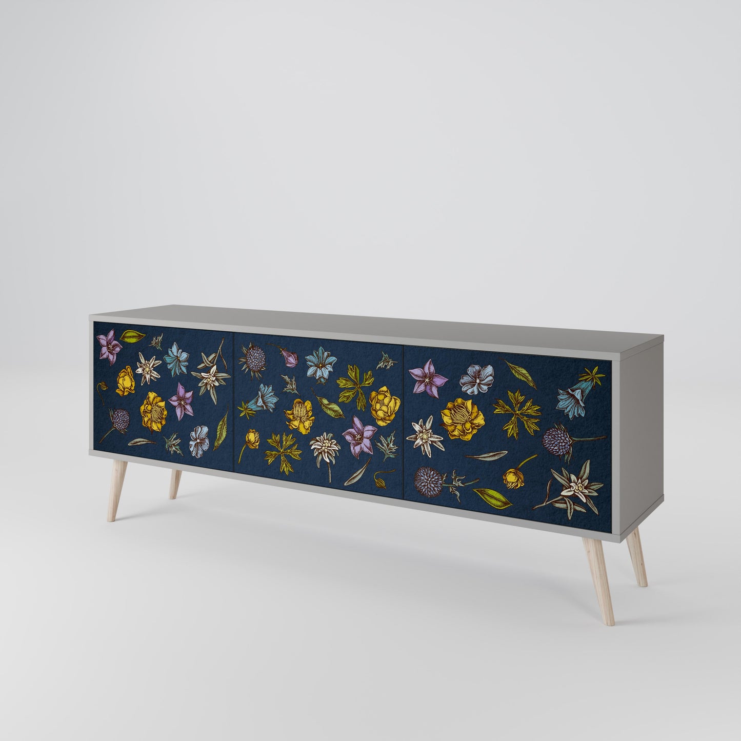 FLOWERS ON NAVY BLUE 3-Door TV Stand in Grey Finish
