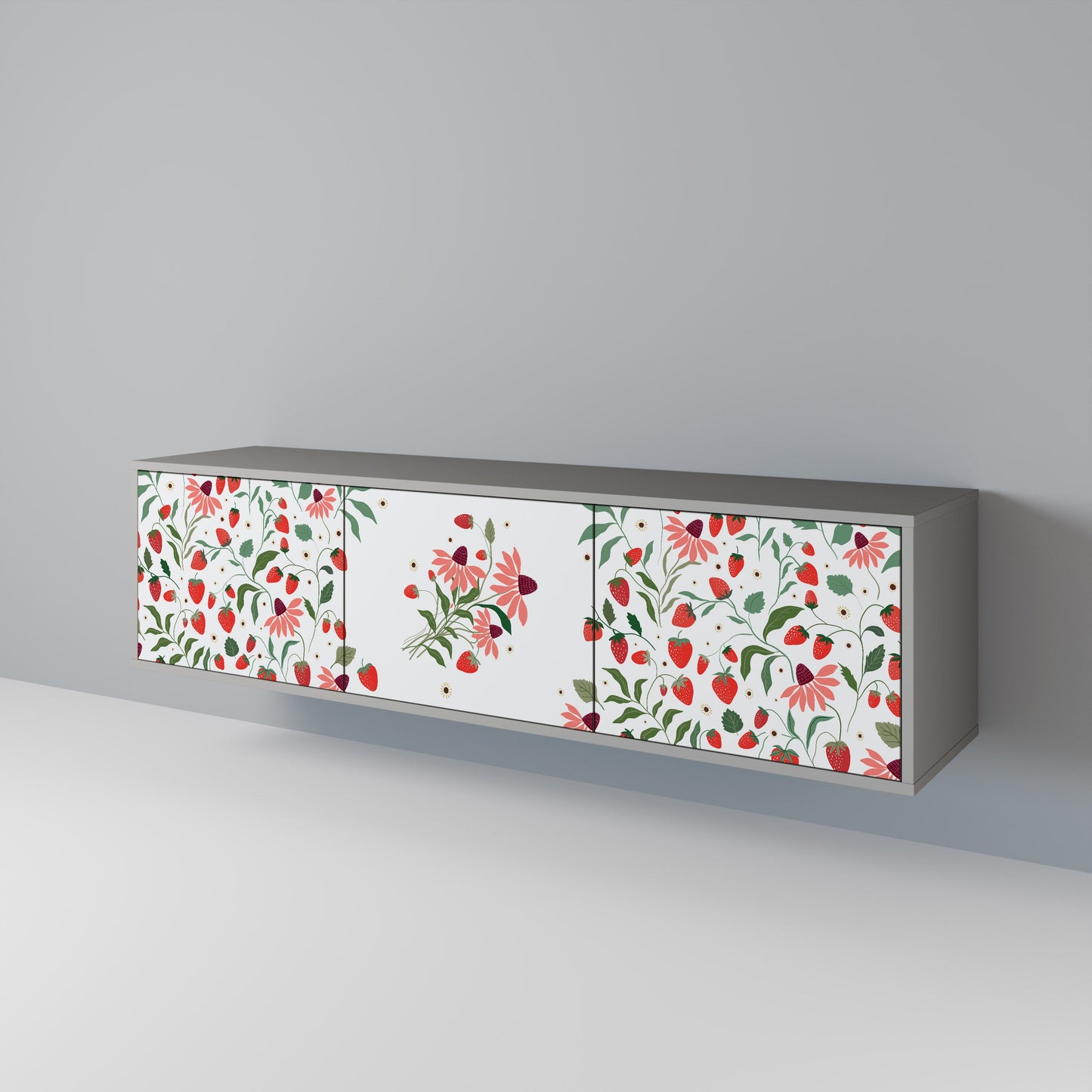 FLOWERS AND STRAWBERRIES 3-Door TV Stand in Grey Finish