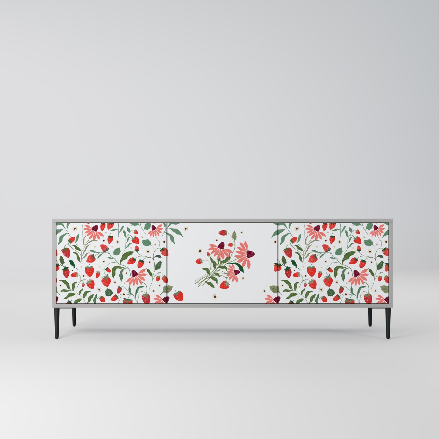 FLOWERS AND STRAWBERRIES 3-Door TV Stand in Grey Finish
