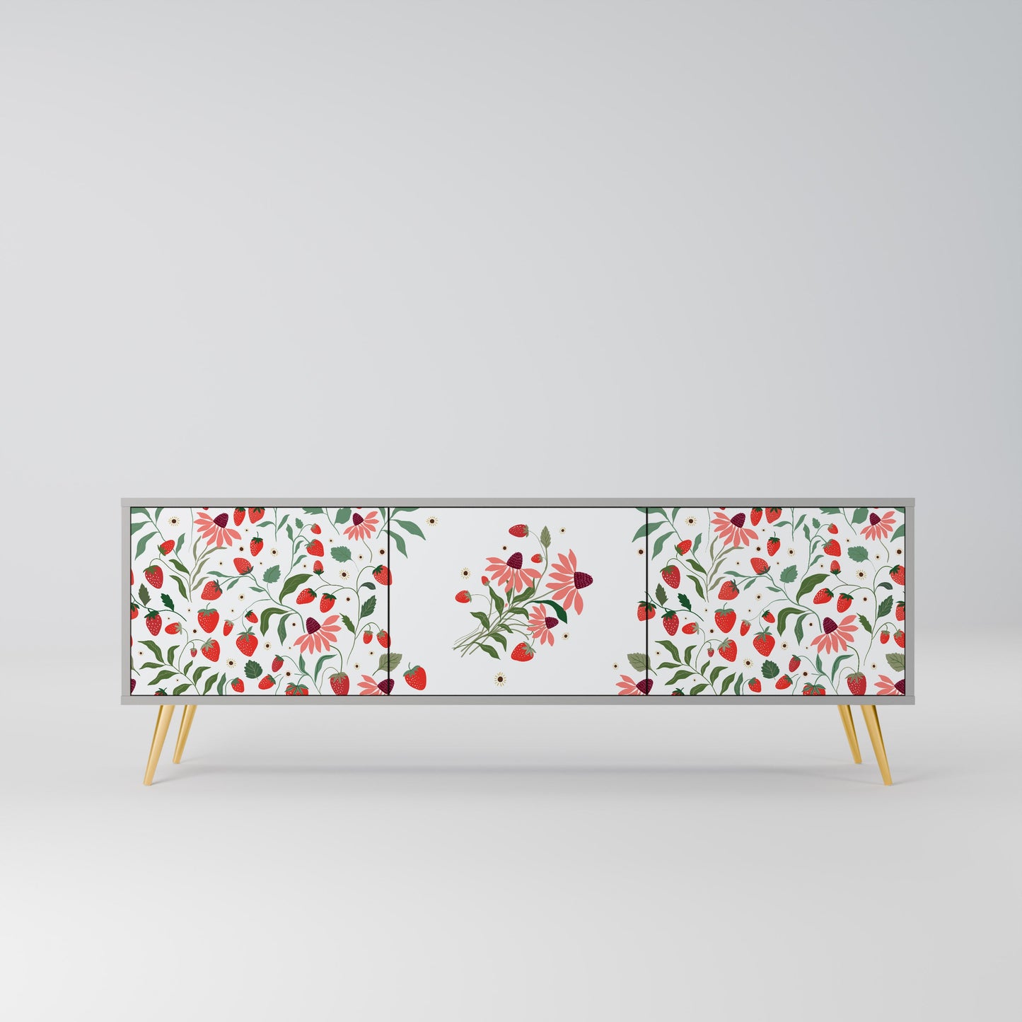 FLOWERS AND STRAWBERRIES 3-Door TV Stand in Grey Finish