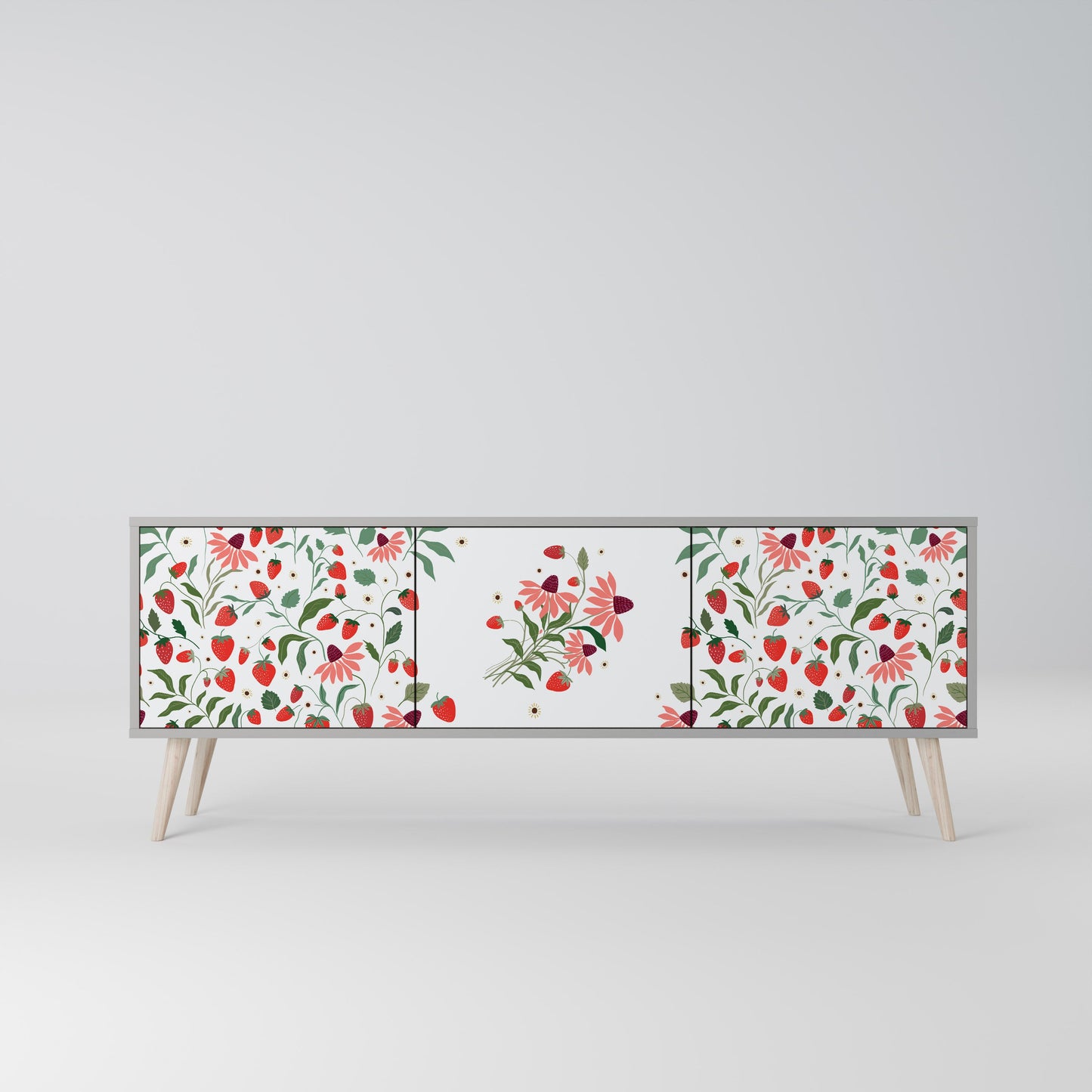 FLOWERS AND STRAWBERRIES 3-Door TV Stand in Grey Finish