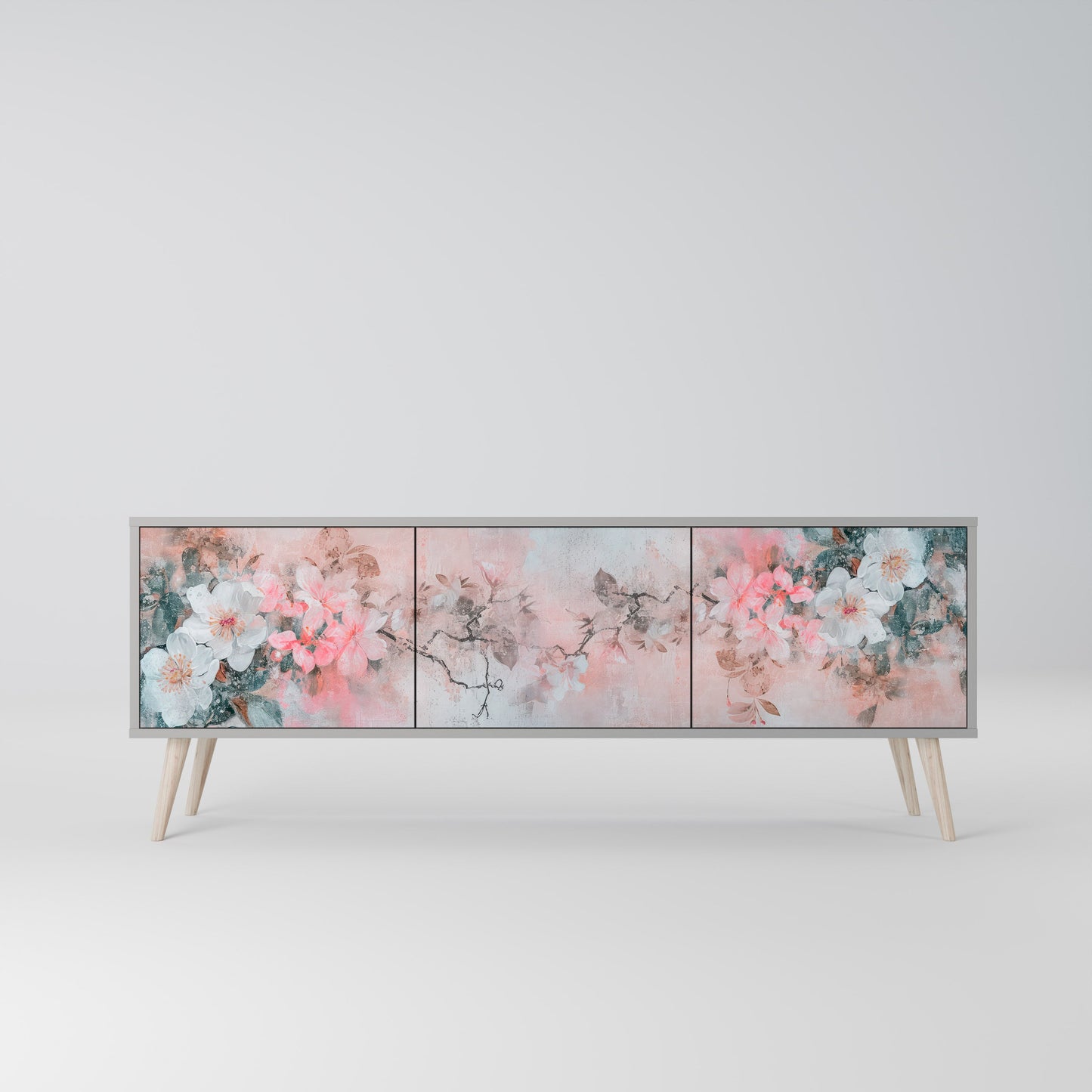 CHERRY BLOSSOM 3-Door TV Stand in Grey Finish