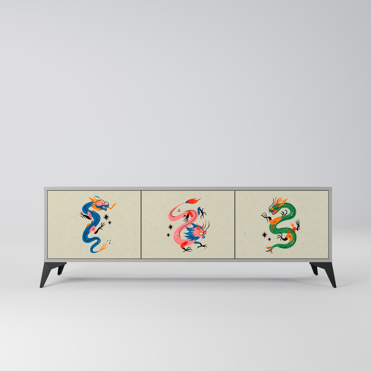 MYTHOLOGICAL CREATURES 3-Door TV Stand in Grey Finish