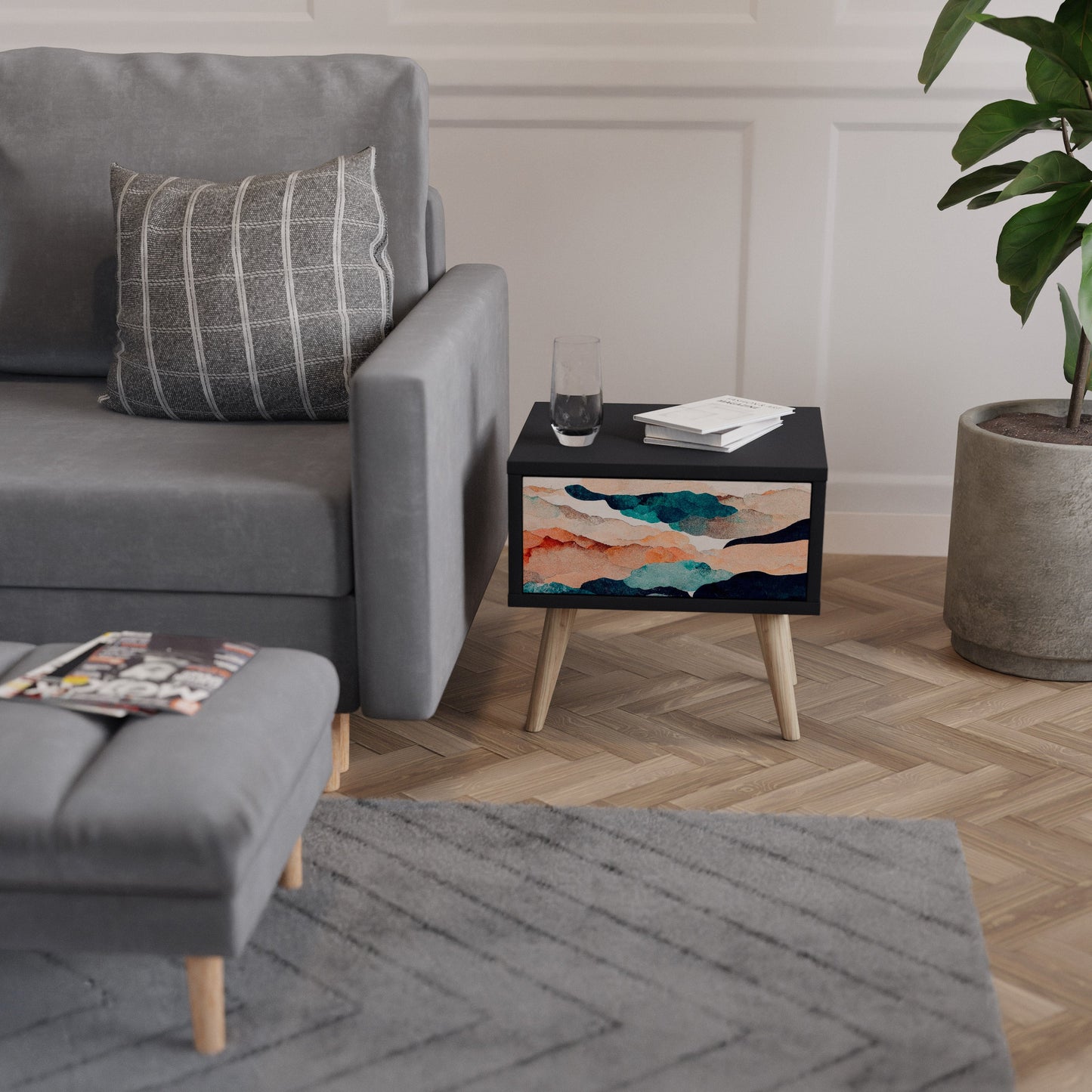 ABSTRACT LANDSCAPE Nightstand in Black Finish