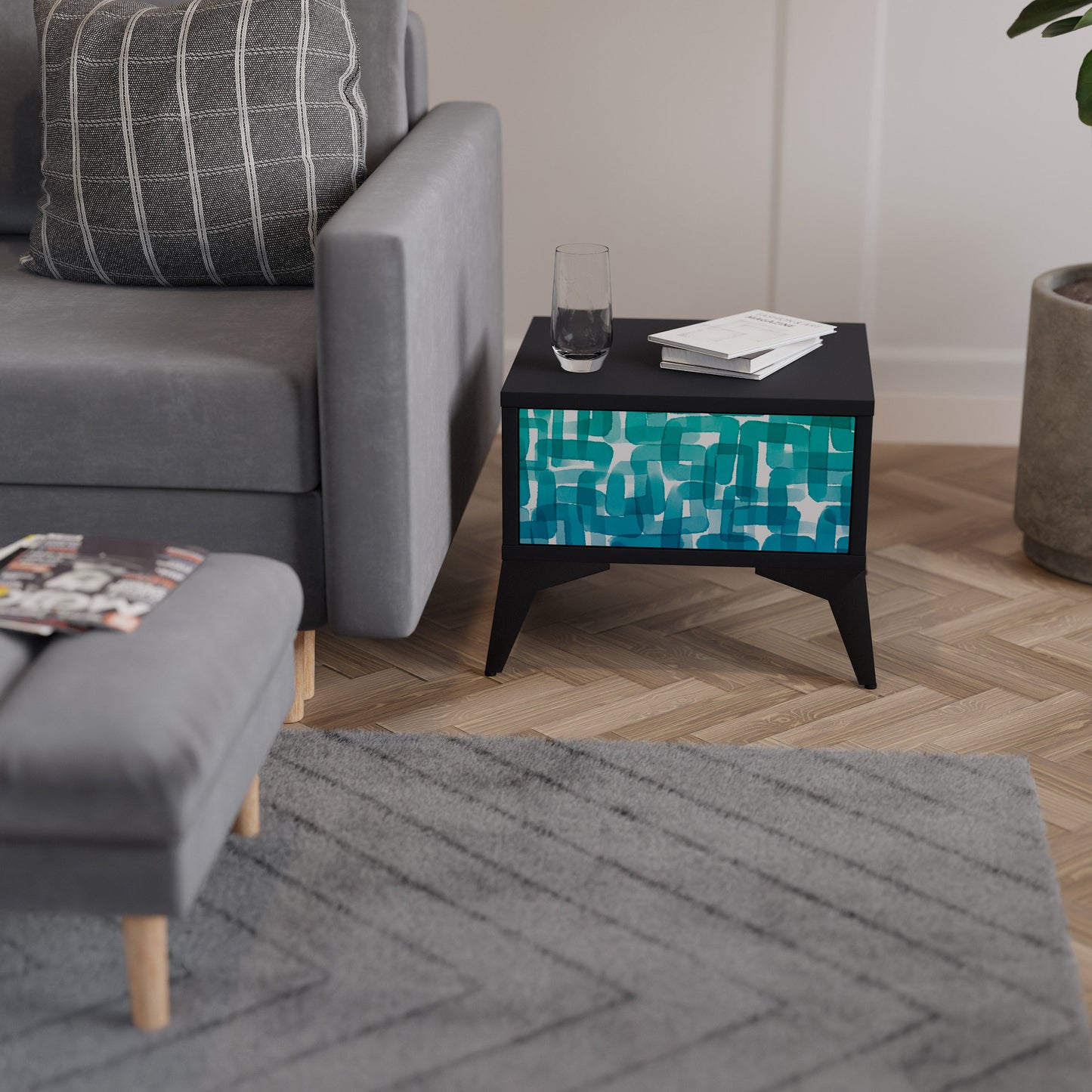 Comodino TURQUOISE RECTANGLES in finitura nera