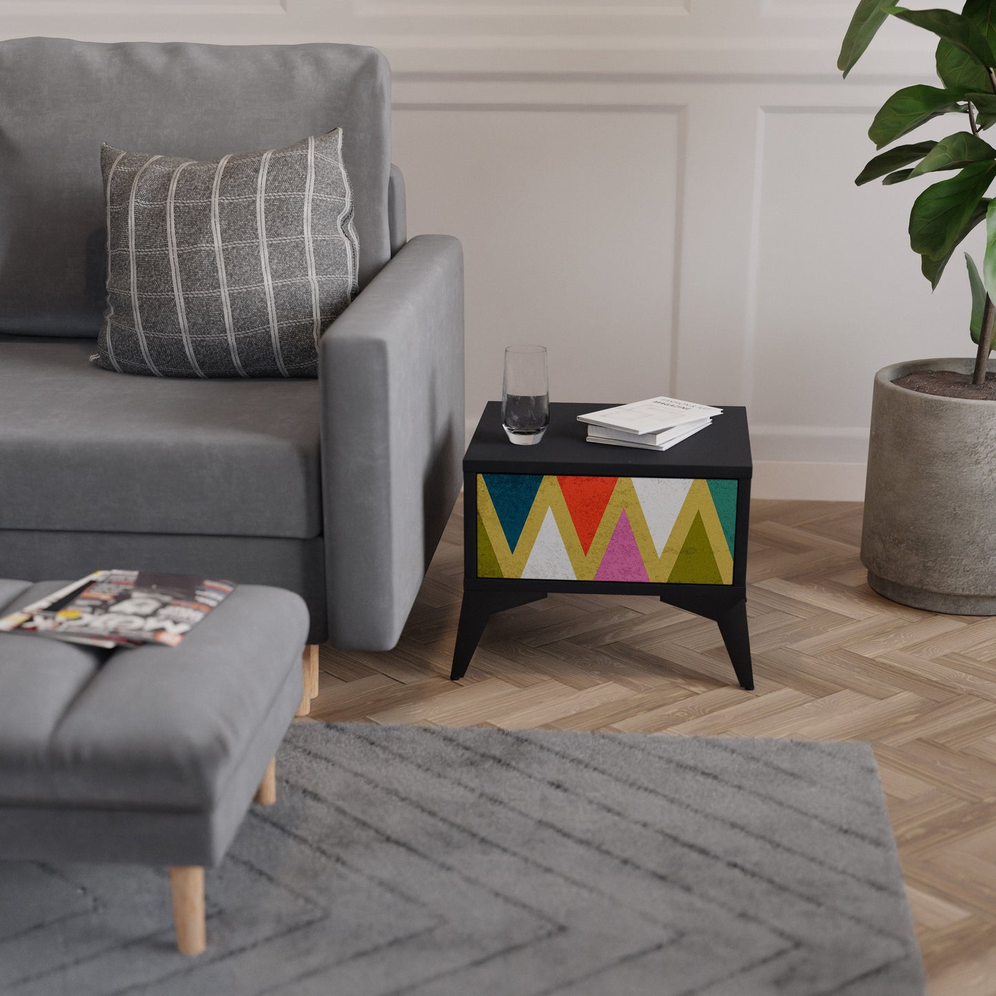 COLORFUL TRIANGLES Nightstand in Black Finish