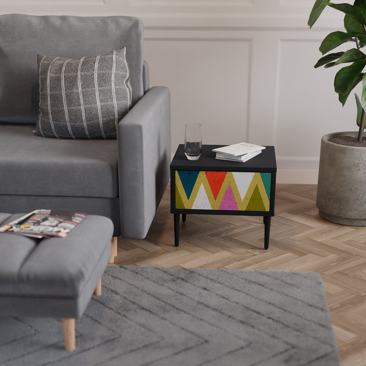 COLORFUL TRIANGLES Nightstand in Black Finish