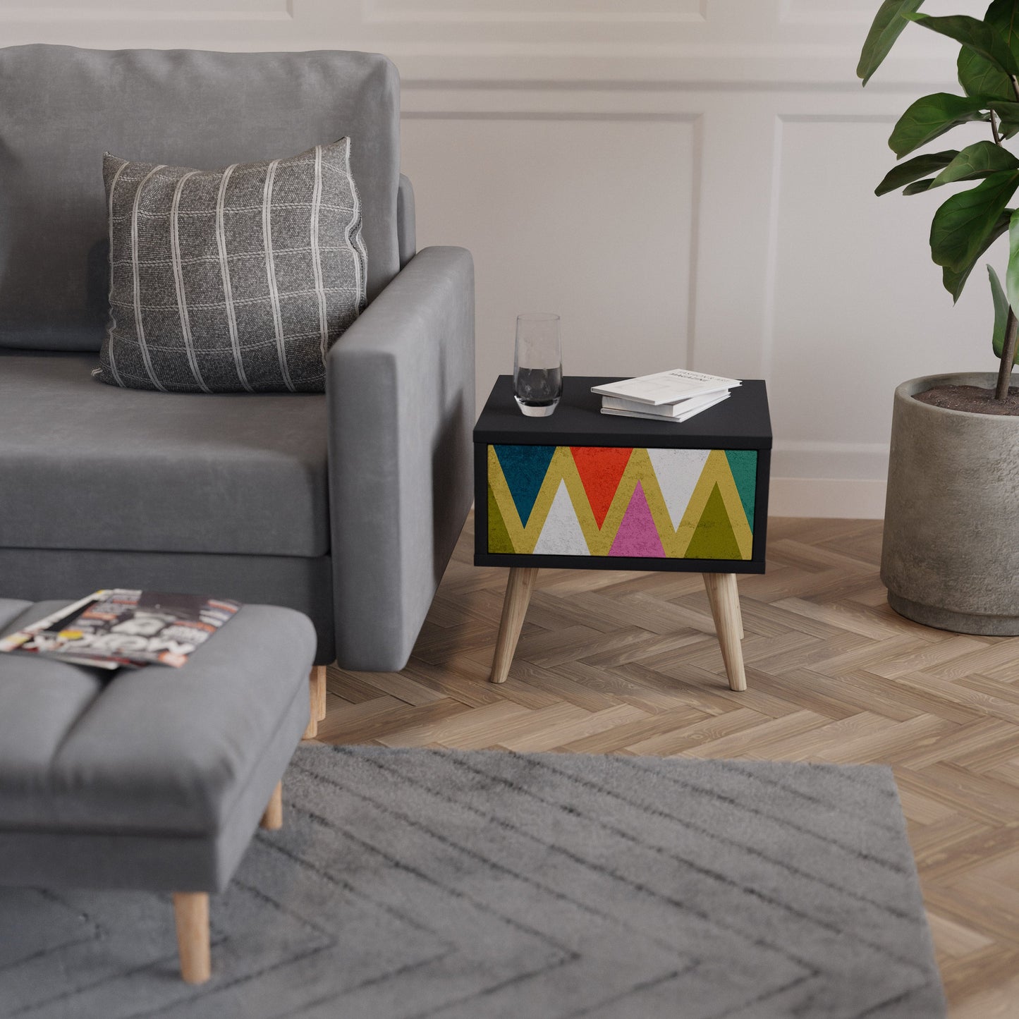 COLORFUL TRIANGLES Nightstand in Black Finish
