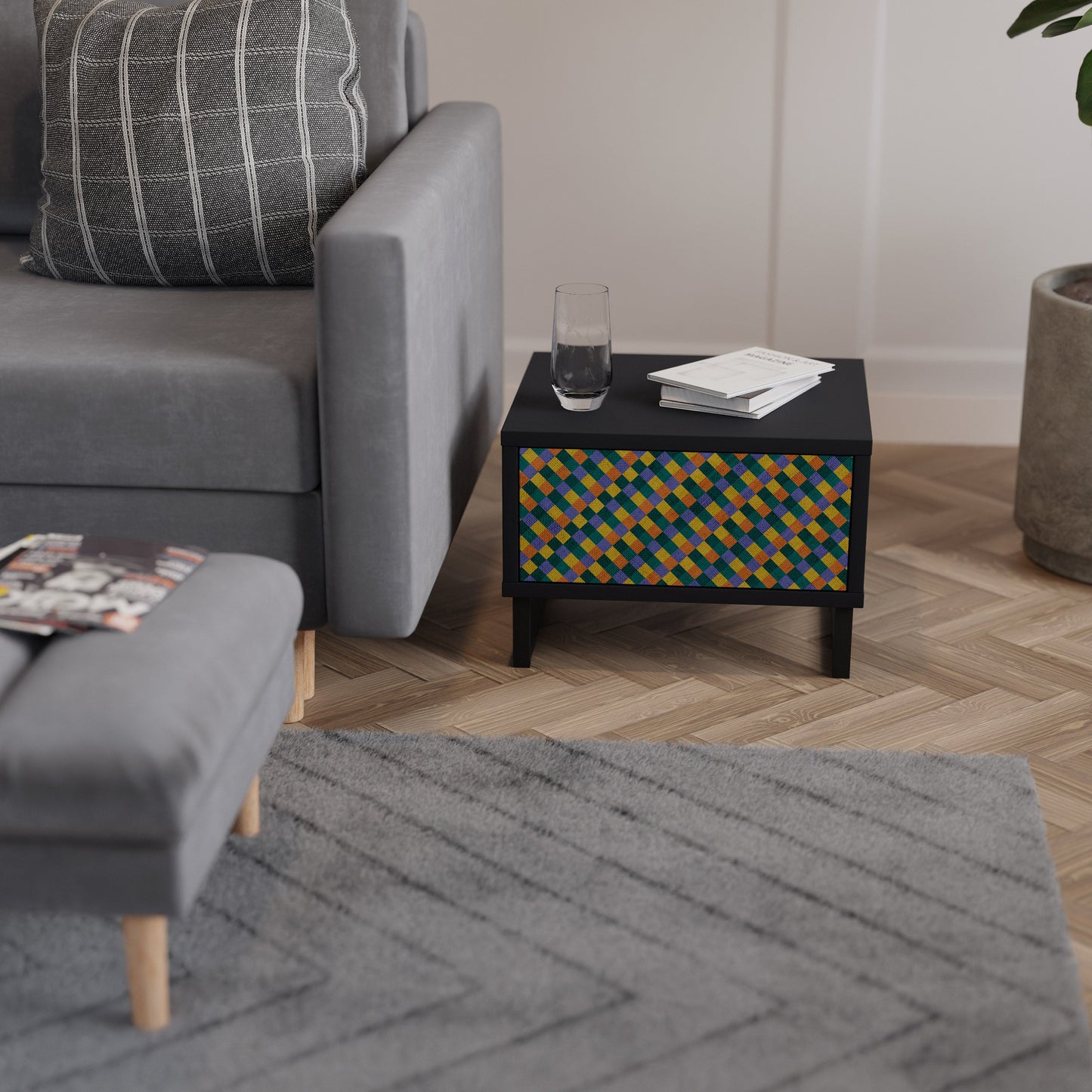 PAINTED SQUARES MIX Nightstand in Black Finish
