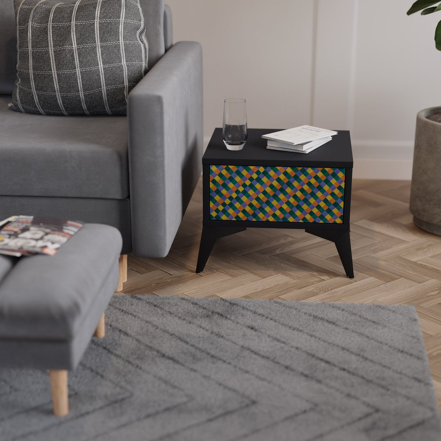 PAINTED SQUARES MIX Nightstand in Black Finish